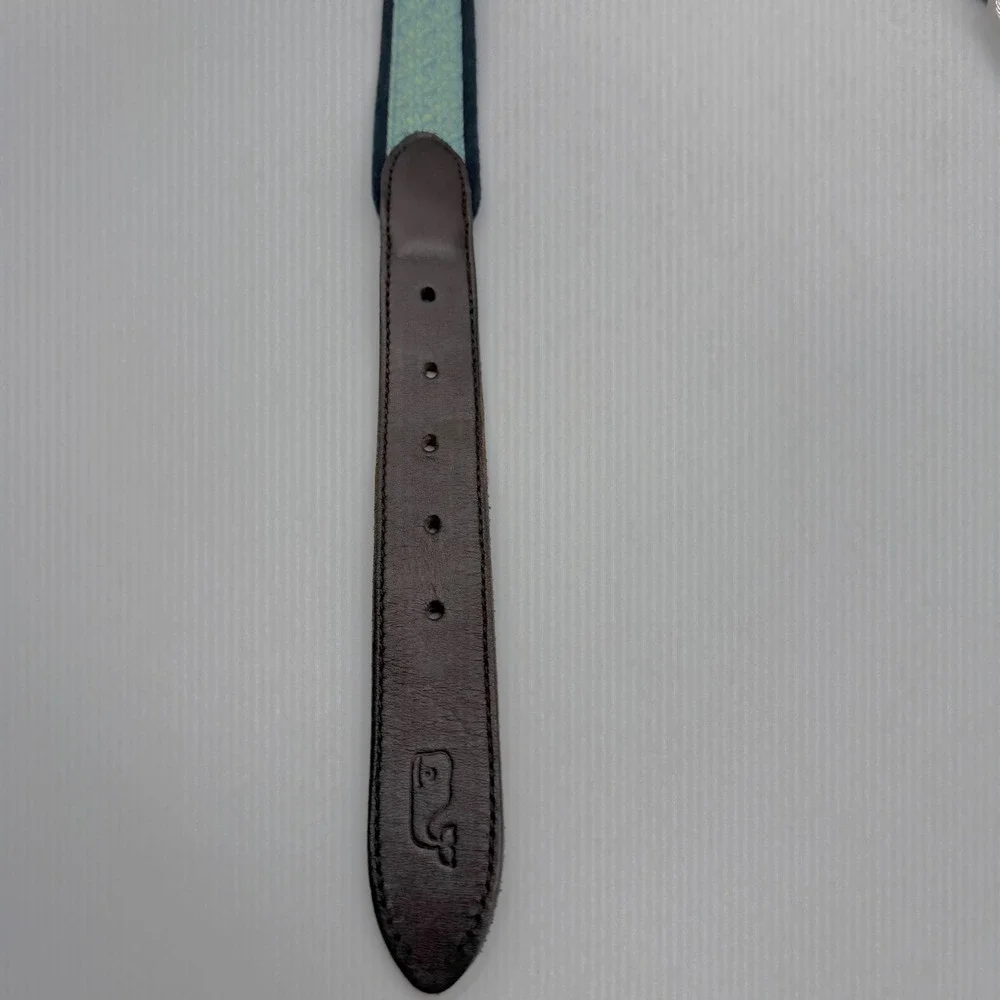 Vineyard Vines Mens Belt Navy Blue Canvas Silk Lime Key Print Leather Trim Sz 34